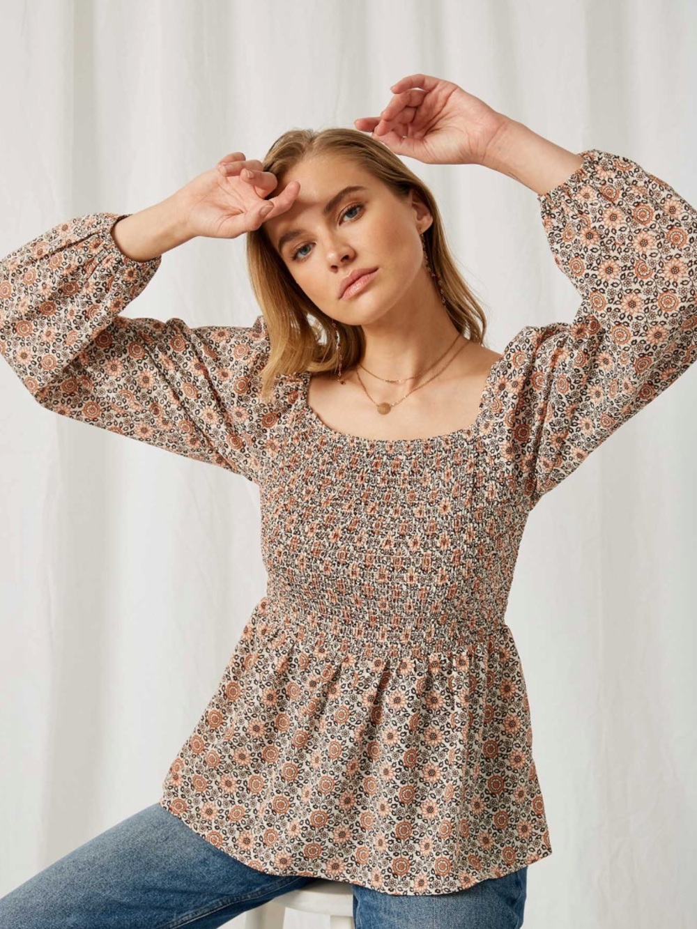 Hayden Smocked Floral Puff Sleeve Top Daisy Sunflower Size S